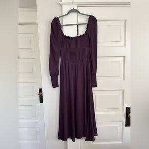 Reformation Rowan Smocked Crepe Long Sleeve Dress in Blackberry